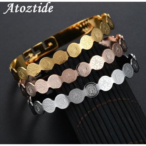 Atoztide Religious Stainless Steel Wave Medal Virgin Mary Bracelets Adjustable Rose Gold Jesus Saint Benedict Amulet Bangle