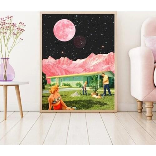 Surrealism Retro Poster Pink Moon Landscape Posters and Prints Nordic Modern Wall Art Canvas Painting Living Room for Decor