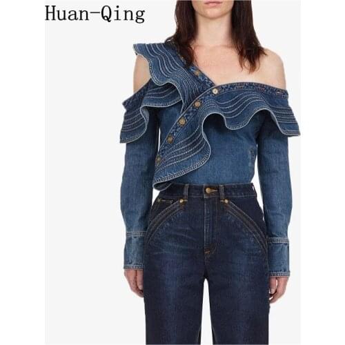 Self Portrait Denim Blouse Runway Women Sexy Off-The-Shoulder Long Sleeve Irregular Blouse Tops Blusas Mujer Ruffles Shirts Tees