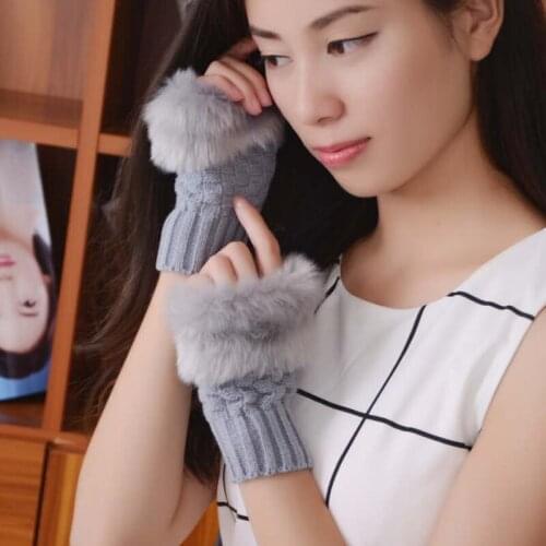 10 Colors Cute Thick Fingerless Plush Knitted Wrist Gloves Women Winter Warmer Faux Rabbit Fur Outdoor Mitten