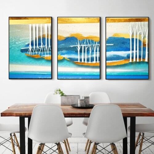 Modern Abstract Blue Gold Scenery Lake View Tree Poster Wall Painting Customized Home Canvas Printing Decorative Frameless