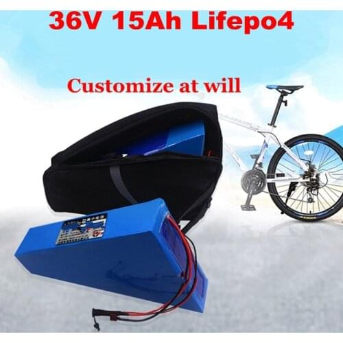 36v 15ah lifepo4 triangle lithium battery with BMS for 1000w 750w machinery electric bicycle bike scooter +3A charger + bag