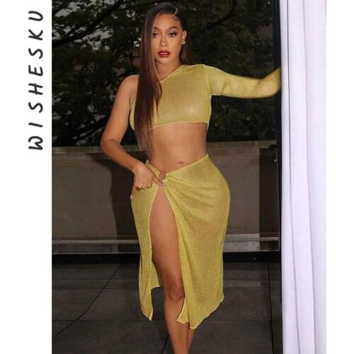 One Sleeve Crop Tops Women Glitter Two Piece Set Midi Skirt Outfits Sexy Club Party Streetwear 2021 Summer Fairy Grunge Clothes