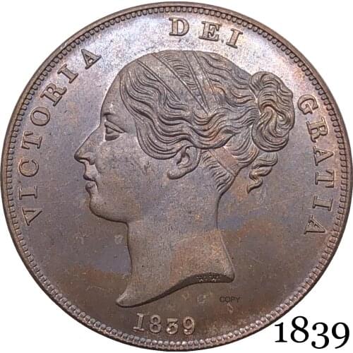 United Kingdom 1839 Victoria 1 One Penny Queen Red Copper Copy Coins Great Britain Bronze Portrait Coin With Smooth Edge