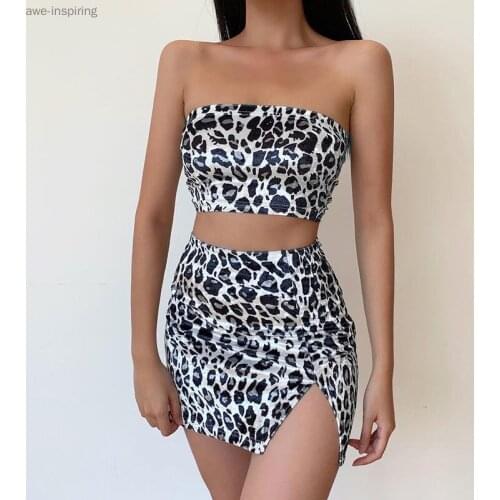 2021 Summer New Slim High Waist Exposed Navel Personality Fashion Package Hip Short Skirt Leopard Tube Top Skirt Female Two-piec