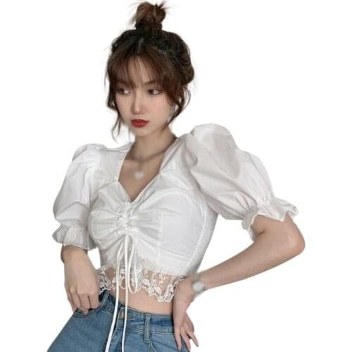 EFINNY Korean Style Women Blouses with Lace V Neck Sweet Slim Vintage Chiffon Short Sleeve Shirt Blouses Black Tops White Tops