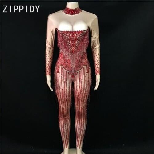 Fashion Red Rhinestones Tassel Spandex Jumpsuit Women Dance Birthday Celebrate Bar Big Stretch Jumpsuit Singer Costume Outfit