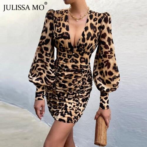 JULISSA MO New Long Sleeve Printed Mini Dresses Autumn 2021 Women Single Breasted Ruched Leopard Party Dress Femme Sexy Vestidos