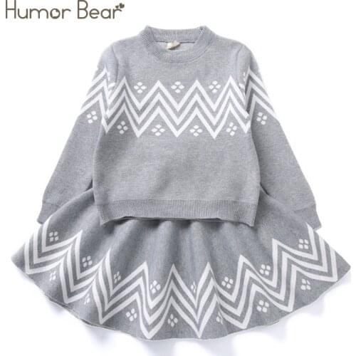 Humor Bear Winter Girls Clothes Suit Geometric Pattern Dress Girls Knited Clothes Long sleeveTop Coat+ Skirt 2pcs Sweater