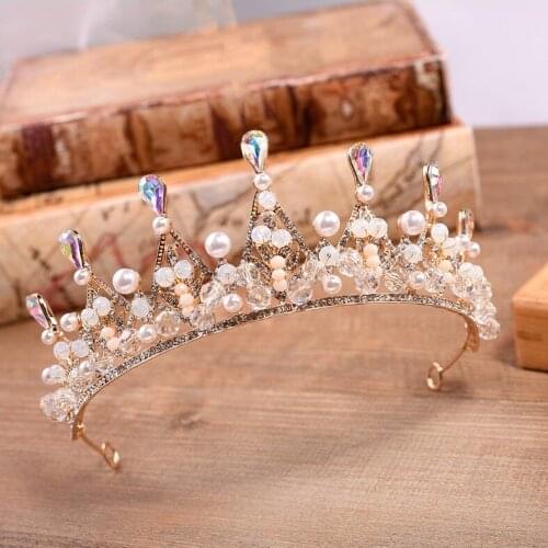 Gold Crystal Pink Beads Tiara Rhinestone Hair Ornaments Bridal Head Jewelry Princess Pearl Wedding Crown Brides Hairbands