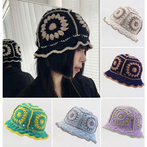 1PC Fashion Hollow Flower Knitted Fisherman Hat Women Spring Summer Sunscreen Sun Hats Handmade Crochet Foldable Girls Cap