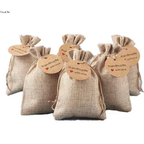 Necklace Pouches Packing Linen Cotton Gift Bags Drawstring Bag Paper Price Tags Jewelry Wrapping Display Sack Paty Gifts 30Pcs