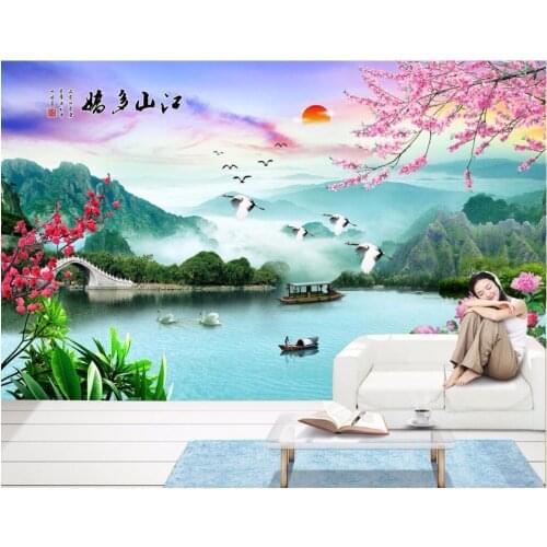 Custom photo 3d room wallpaper picture Peony ships mountain lakes decoration painting 3d wall murals wallpaper for walls 3 d