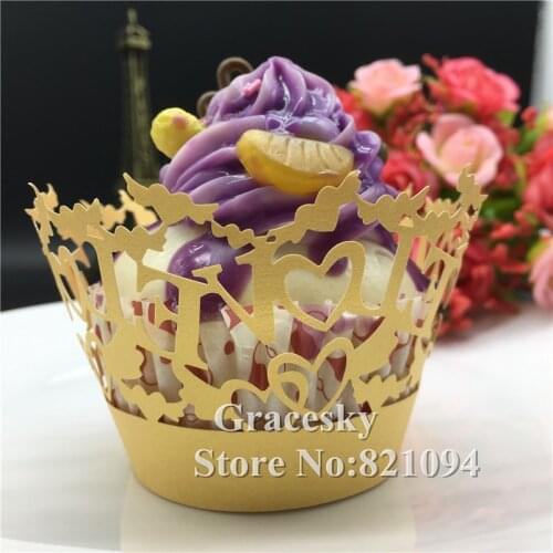 50pcs free shipping Laser Cut wedding Cupcakes Wrappers LOVE design liners Baking Cake holders Party Cupcakes accessory