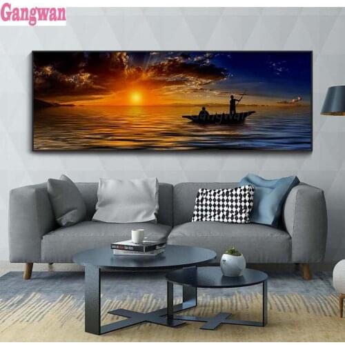 5D DIY full Square Round Drill Mosaic Embroidery large sunset sea boat landscape diamond painting Pictures needlework decoration