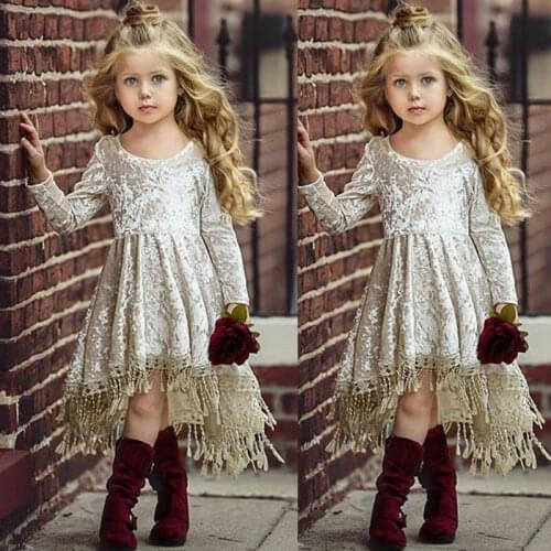 Princess Toddler Kids Baby Girls Long Sleeve Christmas Dress Asymmetrical Tassel Floral Formal Pageant Party Dresses Clothes