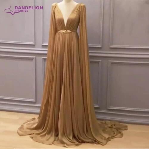 Elegant Long Sleeves A-Line Dubai Ciffon For Women 2021 African Gold Formal Party Gown