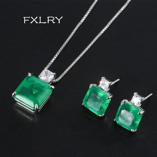 FXLRY Geometric Jewelry Set green Cubic Zirconia square CZ Pendant Necklace Stud Earrings Bridal Wedding Women