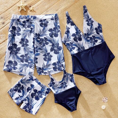 PatPat 2021 New Summer Floral and Leaf Print Splicing One-piece Family Matching Swimwear Family Look Childrens Clothing