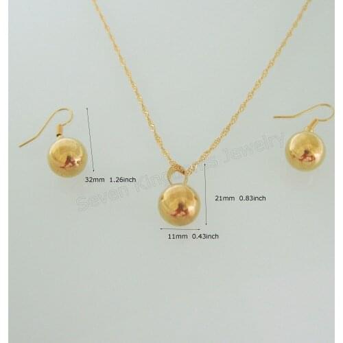 MIN ORDER/10$ CAN MIX DESIGN/NEW - YELLOW GOLD GP 18" NECKLACE CUTE PLAIN BALL DIAMETER 11MM 0.43" PENDANT HOOK EARRING SET