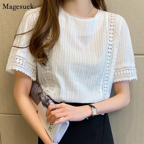 Fashion Elegant Hollow Out Crochet White Woman Blouses Summer Short Sleeve Lace Women Shirts Korean Office Lady Tops Blusas 9602