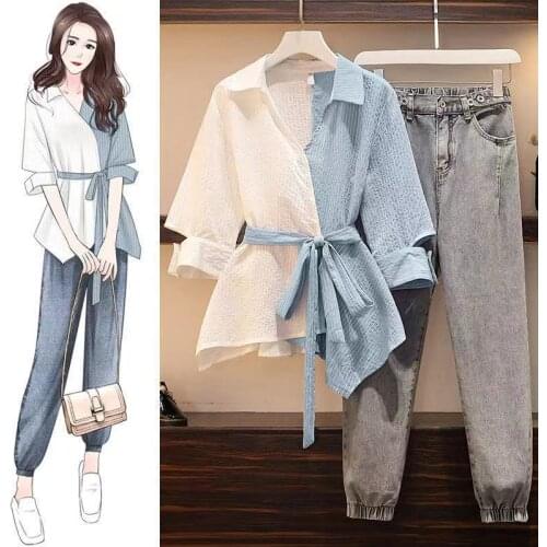 Fashion Autumn Set Women Striped Patchwork Drawstring Single Breasted Shirts Office Ladies Casual Loose Chic Korean Simple