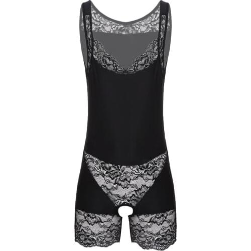 Sexy Crotchless Sissy Bodysuit Underwear for Gay Mens Lace Patchwork Scoop Neck Bodyshaper Erotic Sissy Nightwear Sleepwear