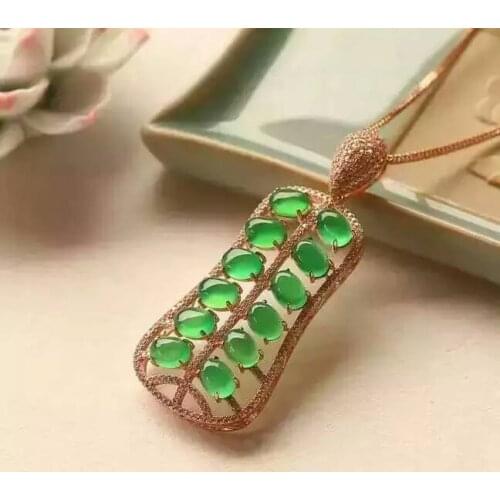 Natural green chalcedony gem big Feather Fan Pendant natural gemstone pendant necklace S925 silver Fashion girl gift jewelery