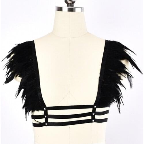 Wholesale Feather Bra Body Harness Belt Elastic Adjust Worn Outdoors Sexy Lingerie Rave Body Cage Goth Bondage Woman Harness Bra