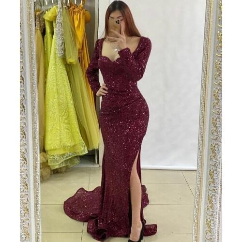 Elegant Long Sleeve Mermaid Bungundy Sequin Evening Dresses with Slit Floor Length Zipper Back Formal Party Dress for Women