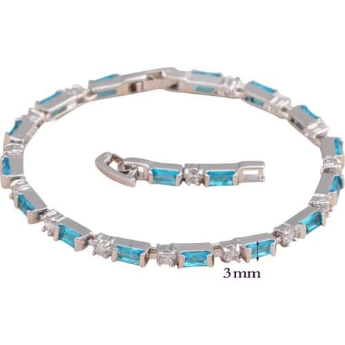 ROLILASON simple chic design rectangle seawater blue crystal zircon silver Bracelets women wedding items fashion jewelry TBS776