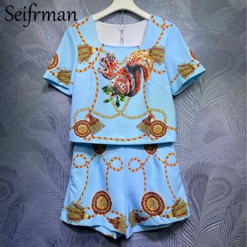 Seifrmann New 2021 Women Summer Fashion Designer Shorts Set Short Sleeve Crystal Print Tees+High Waist Shorts 2 Two Pieces Suit