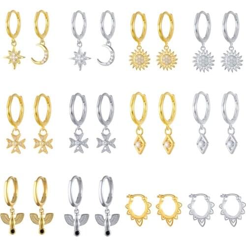 1Pair New Trendy Crystal Star Moon Small Hoop Earrings For Women Simple Cute Sunflower Hollow Cross Rhombus Ear Stud Jewelry
