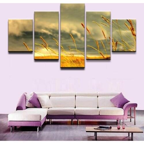 Modern Natural Landscape Photography Wall Painting Grass Dark Clouded Sky Frameless Canvas Printing 5Pcs Home Decoration Poster