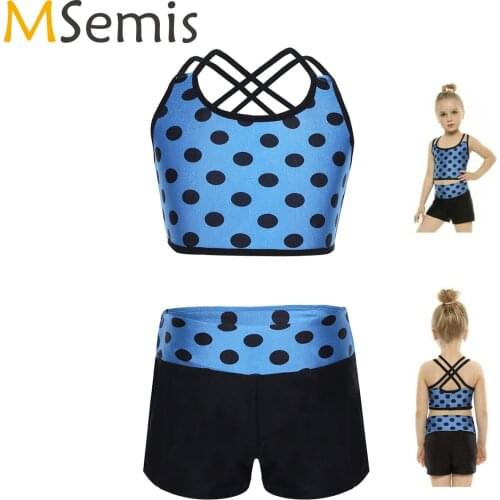 MSemis Dance wear 2PCS Girls Kids Dance Outfit Rhythmic Gymnastics Leotard Polka Dots Tank Top Crop Tops Shorts Dancing Clothes