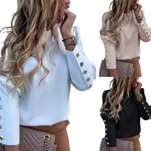 2021 Work Wear Women Blouses Long Sleeve Back Metal Buttons Shirt Casual O Neck Printed Tops Fall Blouse Drop Shipping