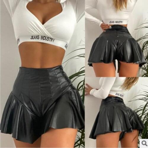 2021 New Summer Women Sexy Pleated Super Mini Skirts High-waisted Ruffle PU Leather Night Club