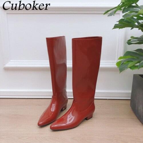 Pointed Toe Patent Leather Women Knee High Boots 2021 Autumn Brand Runway Female Knight Boots Red Black Chelsea Boots Women