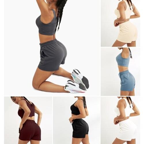 Casual Solid Sportswear Two Piece Sets Women 2021 New Crop Top And Drawstring Shorts Matching Set Summer Athleisure Outfits