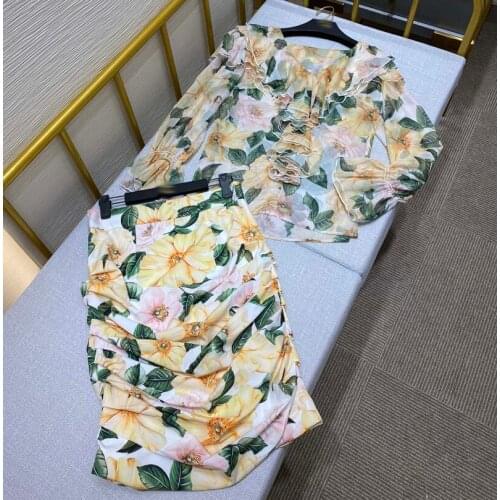 2021 Women Summer Runway Camellia print Skirt Suit flare Sleeve ruffles blouses + sexy folds bodycon mini Skirt 2 Piece Set y453