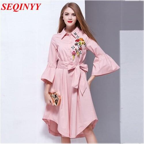 Irregular Brief Dress Women Spring Summer 2017 3/4 Flare Sleeve Turn Down Collar Appliques Diamonds Belt Pink Blue Lady Dress