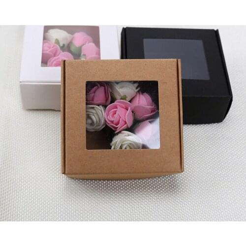 Small Kraft Paper Gift Box with Window Wedding Flower Cookies Candy Packaging Boxes Birthday Christmas Party Gift Package Box