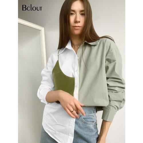 Bclout Chic Office Turn Down Collar Woman Blouse Long Sleeve Fashion PU Shirt Patchwork Top Women Tunic Lady Button Up Shirts