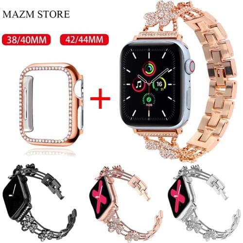 Diamond Case+Women Stainless Steel Strap for Apple Watch Flowers Band 44/40mm 38/42mm Luxury Wist for IWatch Serie SE 6 5 4 3