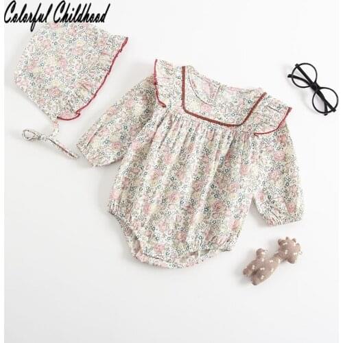 Sweet floral printing romper girls long sleeve jumpsuits cotton infant kids overalls children clothes +hat spring autumn
