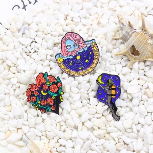 Travel in the starry sky Enamel Brooch Star Moon Flower diver woman Lapel Pin Blessing of the night Custom Badge