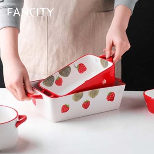 FANCITY Baking Pan Ceramic Cheese Baked Rice Pan Oven Special Rectangle Baking Bowl Household Microwave Tableware Plate