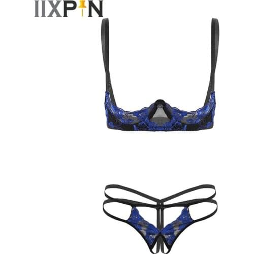 Womens Erotic Embroidery Sheer Lace Lingerie Set Sexy Unlined Scalloped Open Cup Underwire Bra With Crotchless G-string Thongs