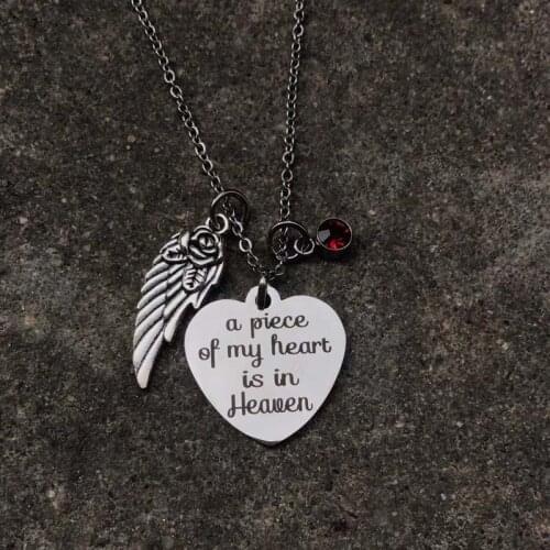 A Piece of my Heart is in Heaven Birthstone Memorial Necklace, Angel Wing Charm Necklace, Memorial Jewelry, Sympathy Gift