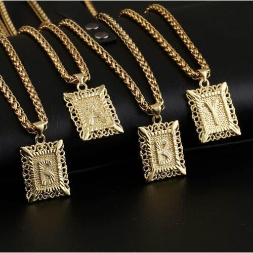 Copper 26 Capital A-Z Letter Square Pendant Necklace for Women Men Gold Color Alphabet Initial Chain Necklace Name Jewelry Gift